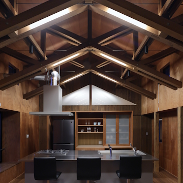 屋根を構成する木材の間に照明器具を組み入れています